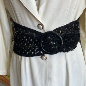Vintage Black Knitted Sequin Belt with Large Plastic Buckle by Toppettes